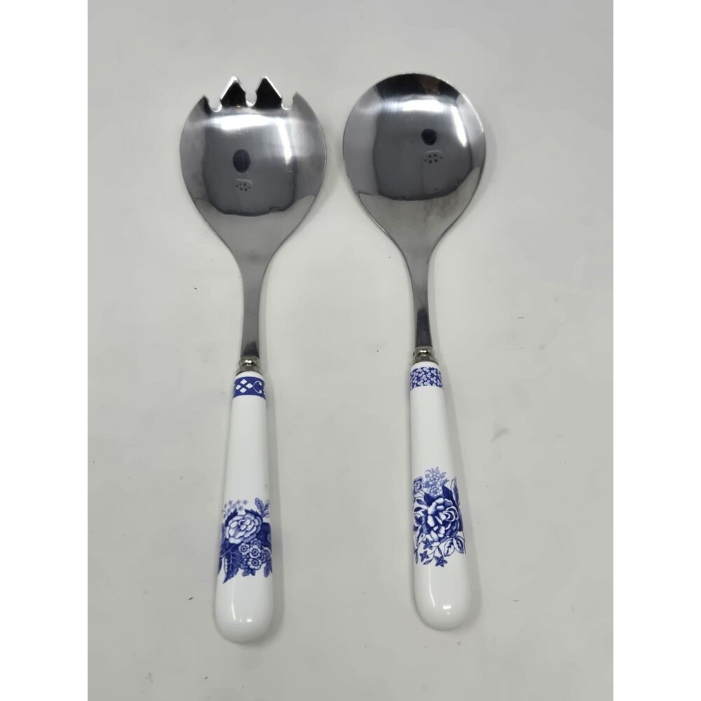 VINTAGE SPODE ITALIAN SALAD SERVERS WHITE BLUE FLORAL STAINLESS & PORCELAIN SET